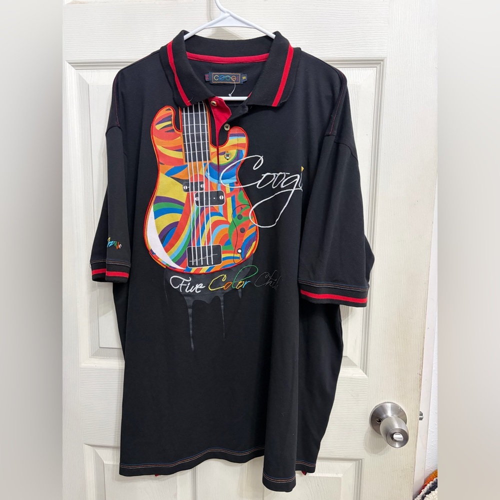 COOGI Guitar Graphic Polo Shirt Black 3XL Five Color Coogi Streetwear”
